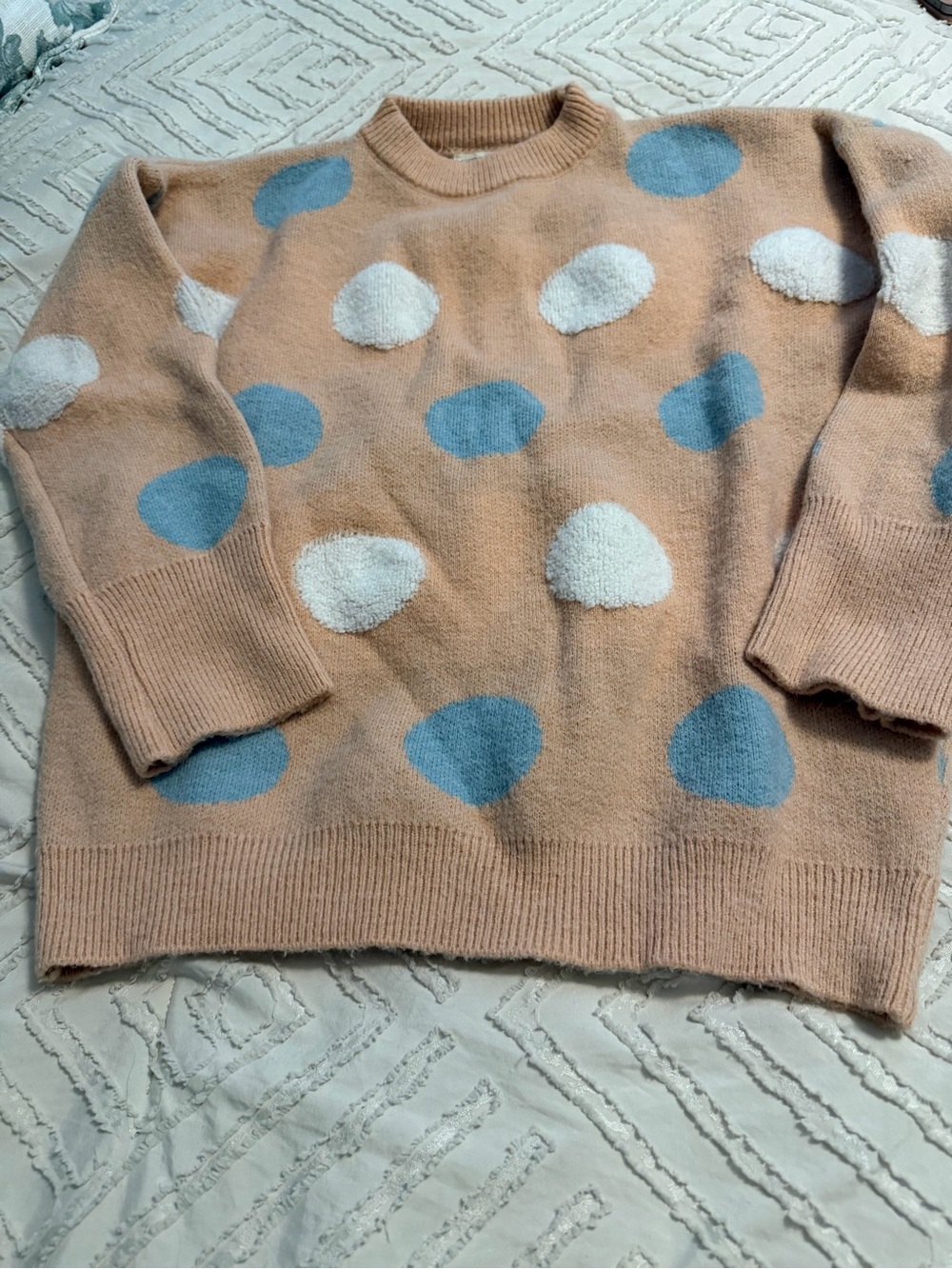 Polka Dot Crewneck Sweater in Peach with Blue & White Dots